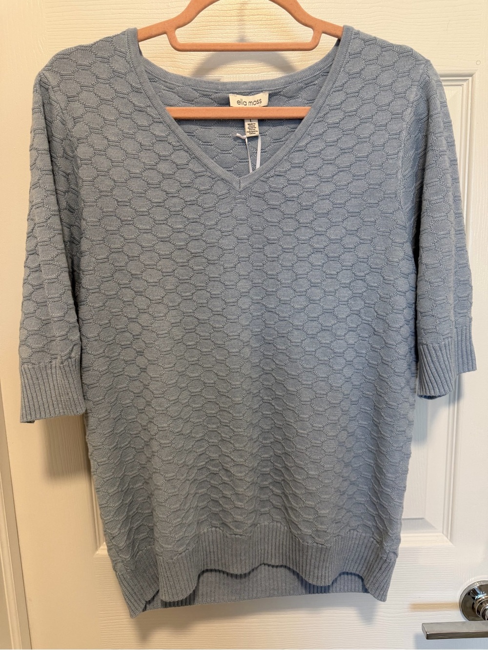 NWT Ella Moss Light Blue Textured Honeycomb Knit V-Neck Sweater Large